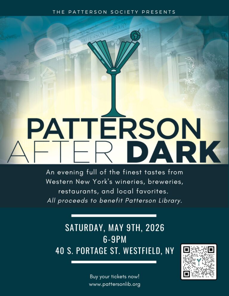 A promotional poster for an event called ‘Patterson After Dark,’ featuring a glowing image of the Patterson Library building with circular light effects. A stylized martini glass with the library’s logo appears in the center. Text announces the event date—Saturday, May 9, 2026, from 6–9 PM at 40 S. Portage St., Westfield, NY—and notes that proceeds benefit Patterson Library, with a link to buy tickets.