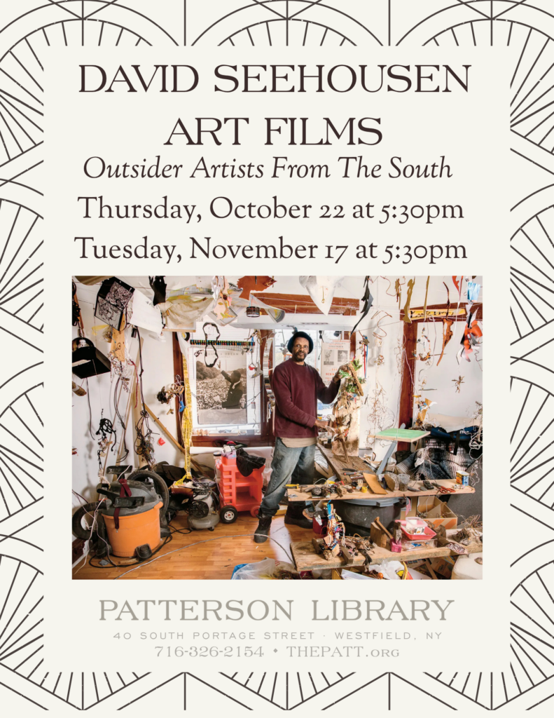 David Seehousen Art Films "Outsider Artists from the South." Part 1: Thursday, October 22 at 5:30pm. Part 2: Tuesday, November 17 at 5:30pm.